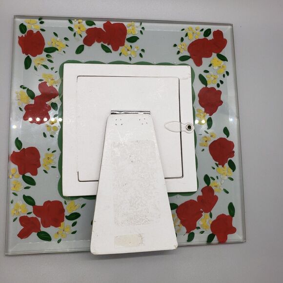 Square Beveled Glass Picture Frame w Hand Painted Red Roses Floral Enamel Table - Picture 8 of 8